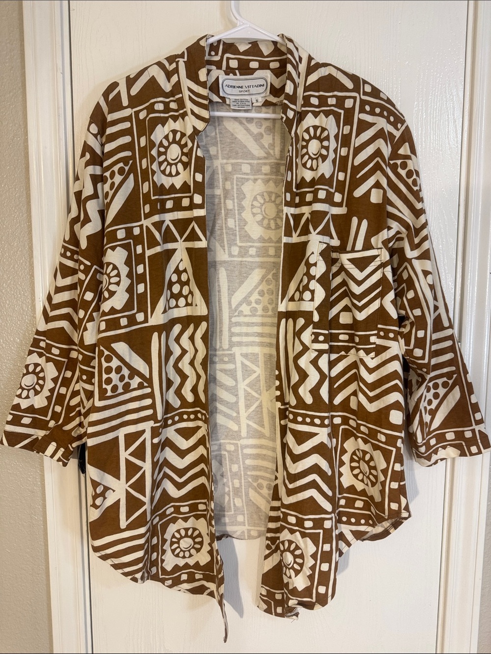Adrienne Vittadini Brown & Cream Geometric Open Cardigan